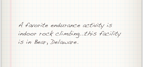 A favorite endurance activity is indoor rock climbing...this facility is in Bear, Delaware.